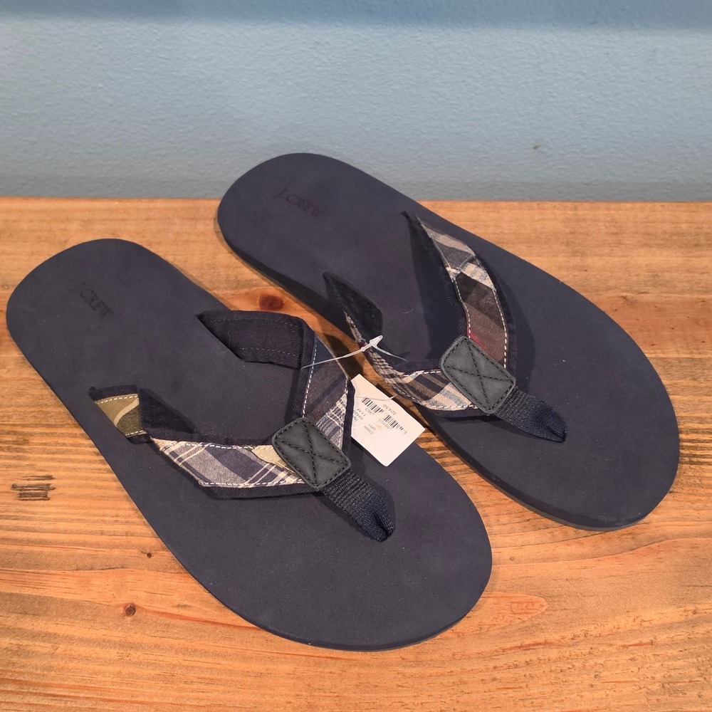 J.Crew Mens Flip Flops Navy Blue Plaid Fabric Strap Sandals Size 11